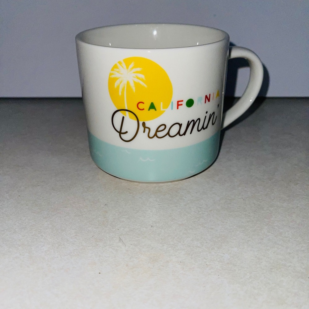 Threshold California Dreamin Coffee Mug Porcelain White Teal Sun Palm Tree 3.5in